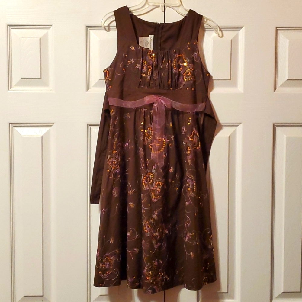 Bonnie Jean Girl's 12 Brown Dress with Pink & Gold Stitching & Sequins Design